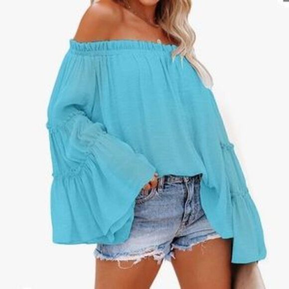 NEW Off Shoulder Flare Sleeves Blouse - Picture 3 of 7